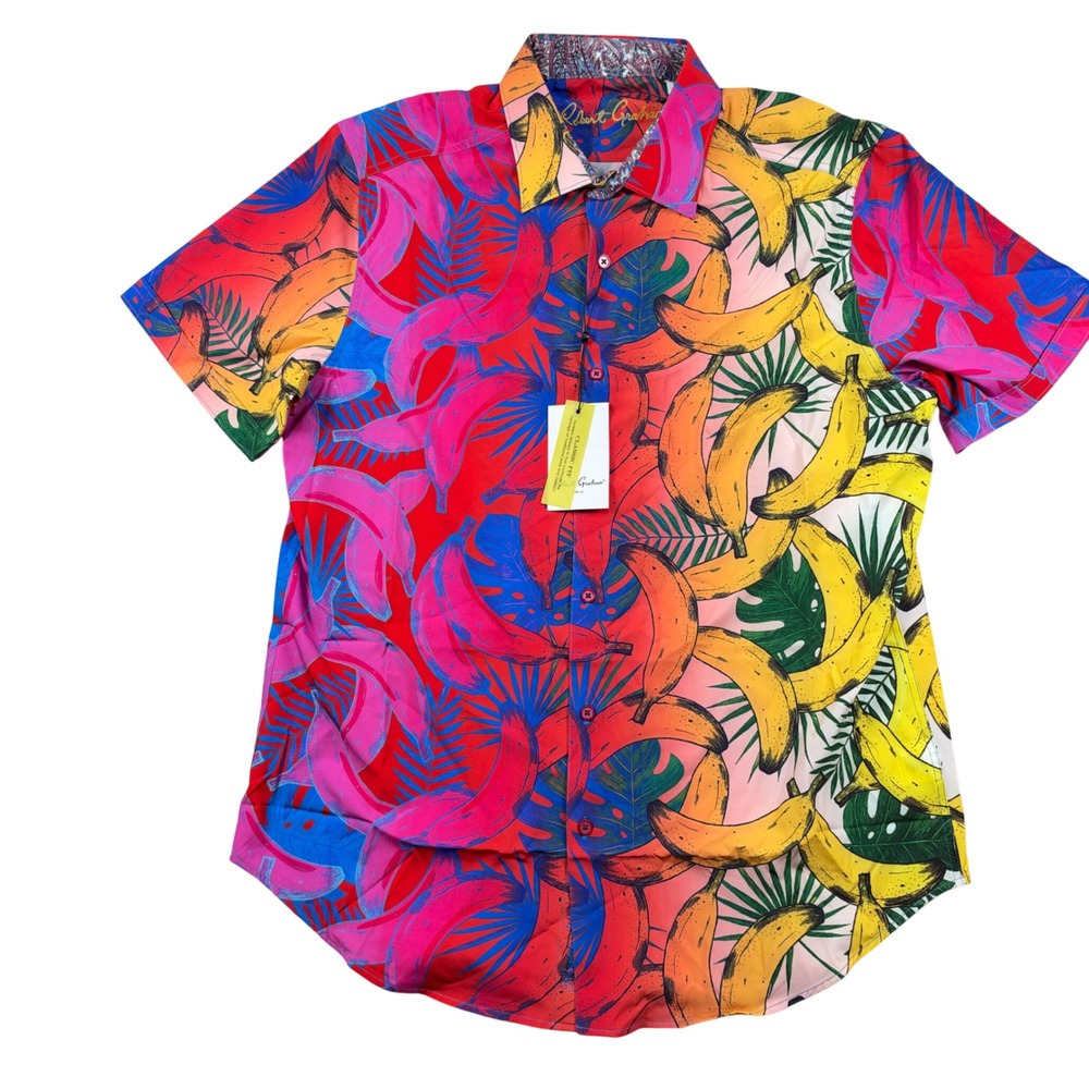 NEW Robert Graham Button Down Shirt Mens Medium Banana Split Tropical Print
